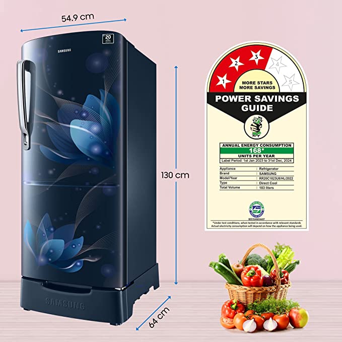 Samsung 183 L 3 Star Digital Inverter Direct Cool Single Door Refrigerator (RR20C1823U8/HL, Saffron Blue, Base Stand with Drawer 2023 Model) Samsung 183 L 3 Star Digital Inverter Direct Cool Single Door Refrigerator (RR20C1823U8/HL, Saffron Blue, Base Stand with Drawer 2023 Model)
